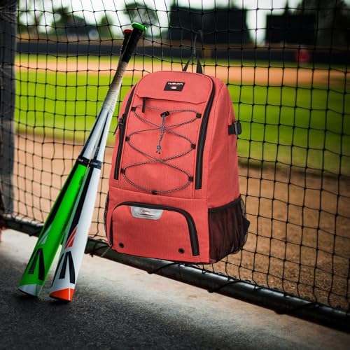 Baseball Backpack, Baseball Bag for Youth, Softball Bat Bag with Shoes Compartment, Laptop Compartment & Holds 2 Bats, Small Baseball Bat Equipment Bags for Fence Hook, Glove Holder & Helmet - color: Red