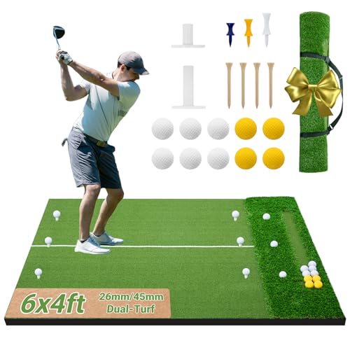 Neoaider Golf Mat, 26 mm 45mm Dual-Turf, 5x4 ft/6x4 ft Golf Hitting Mat for Practice Outdoor Indoor, High-Density Artificial Turf Mat for Hitting Chipping Driving Swinging, Gifts for Men Dad