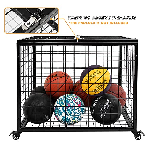 rehomerance Ball Cart Garage Sports Equipment Basketball Organizer with Lockable Lid, Basketball Storage Bin for Indoor Outdoor, Rolling Exercise Ball Holder for Gym, School, Club