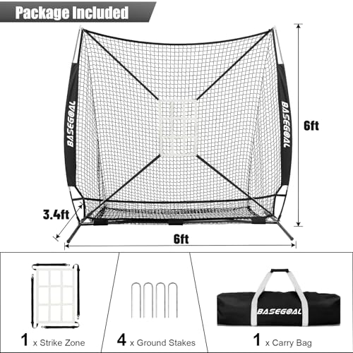 BaseGoal 6'×6' Baseball Softball Practice Net,Baseball Backstop,for Hitting Pitching Batting Catching with Bow Frame,Bonus Strike Zone,Target