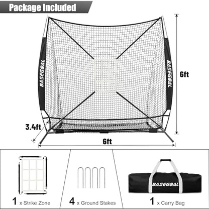 BaseGoal 6'×6' Baseball Softball Practice Net,Baseball Backstop,for Hitting Pitching Batting Catching with Bow Frame,Bonus Strike Zone,Target