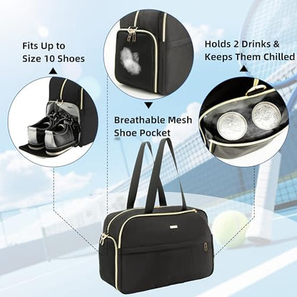 Tennis Bag for Women with Shoe Compartment, Large Tennis Racket Bag Fits 2 Racquets, Pickleball Gym Sports Tote with Shoulder Strap & Water Bottle Pocket - color: Black