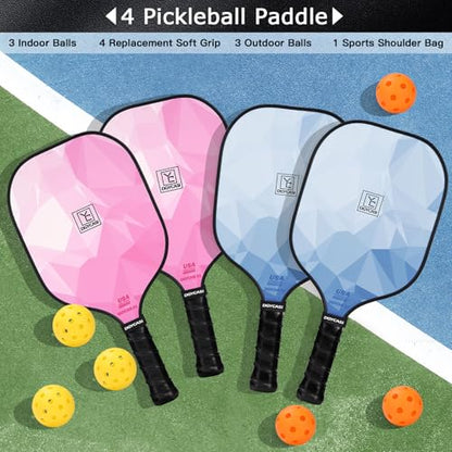 YC DGYCASI Pickleball Paddles Set of 4, USAPA Approved Pickleball Set, Fiberglass Pickle Ball Rackets, 3 Outdoor Pickleball, 3 Indoor Pickleball Balls, 4 Pickleball Overgrip, 1 Pickleball Bag - color: Pink