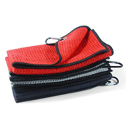 Golf Towel Microfiber Waffle Pattern Golf Towel | Brush Tool Kit with Club Groove Cleaner | Golf Divot Tool | Golf Accessories for Men - color: Red