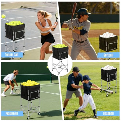 Tennis Ball Cart with Wheels & Brake (180 Capacity) – Heavy Duty Stainless Steel Frame with Detachable Washable Bag – Foldable Travel Hopper for Tennis & Pickleball, Portable Carrier