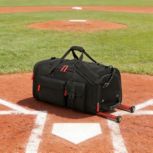 Large Baseball Duffle Bag Softball Backpack for Adult & Youth, 65L Spors Gym Duffel Equipment Bag with Shoe Compartment and Bat Holder, Catchers Gear Bag Fits Batting Mitten, Tball Gear, Helmet - color: Black