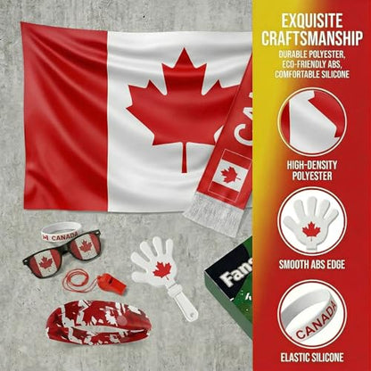 Soccer Fan Gear Set 2026-7 Piece Game Day Kit with Flag, Scarf, Glasses, Whistle, Clapper, Wristband & Headband in Gift Box - Watch Party & Stadium Essentials for Canada - color: Canada