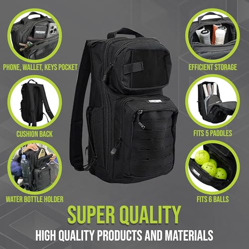 Professor Pickleball CourtCommander Pickleball Backpack - Lightweight & Efficient Pickleball Bag - Holds 4 Paddles, 6 Balls, & Cup Holder - Tactical Style