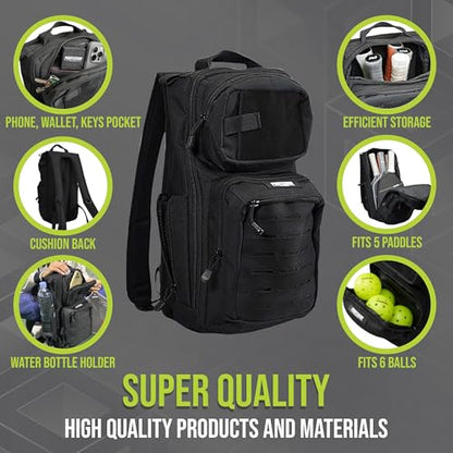 Professor Pickleball CourtCommander Pickleball Backpack - Lightweight & Efficient Pickleball Bag - Holds 4 Paddles, 6 Balls, & Cup Holder - Tactical Style