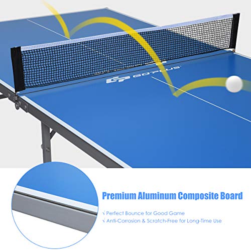 Goplus Foldable Ping Pong Table, 100% Preassembled, Table Tennis Table with Net, 2 Paddles, Ping Pong Balls, Portable Table Tennis Game Set for Indoor Outdoor - style: Blue-72''