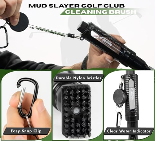 Mud Slayer Golf Club Cleaner with Water Spray – Golf Club Cleaning Brush with Leak-Proof Reservoir, Dual Bristle Head & Retractable Clip – Golf Bag Brush for Irons & Wedges