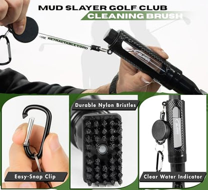 Mud Slayer Golf Club Cleaner with Water Spray – Golf Club Cleaning Brush with Leak-Proof Reservoir, Dual Bristle Head & Retractable Clip – Golf Bag Brush for Irons & Wedges
