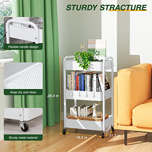 3 Tier Rolling Storage Cart, Metal Trolley Utility Cart with Wheels & Hooks, Easy Assembly Organizer Storage Cart for Bathroom Kitchen Office Bedroom