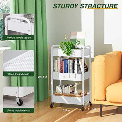 3 Tier Rolling Storage Cart, Metal Trolley Utility Cart with Wheels & Hooks, Easy Assembly Organizer Storage Cart for Bathroom Kitchen Office Bedroom