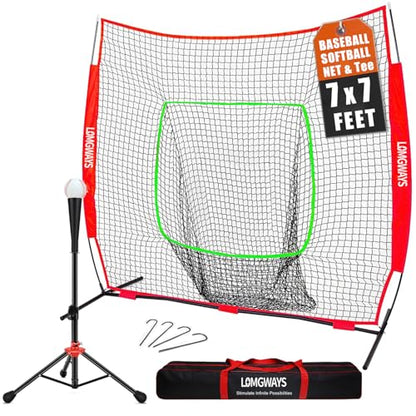 7x7ft/8x8ft Baseball Softball Net with Steel Frame for Batting, Hitting, Pitching, Portable Baseball Batting Net with Carry Bag, Great for All Levels - size: 7FT Red(Tee)