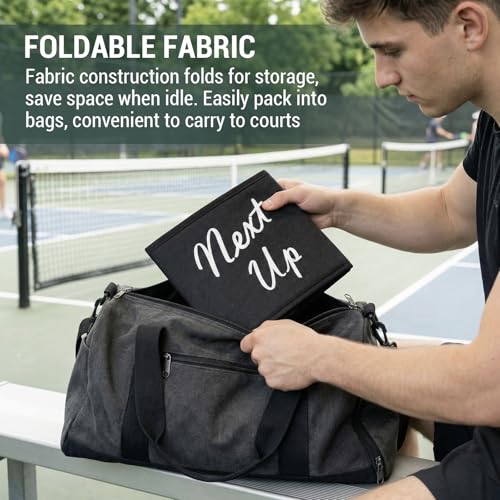 MyGift Portable Foldable Pickleball Paddle Queue Baskets – Holds Up to 24 Paddles, Black Fabric Organizer with Ball Compartment & Next Up Marker for Indoor and Outdoor Courts, Set of 2