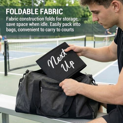 MyGift Portable Foldable Pickleball Paddle Queue Baskets – Holds Up to 24 Paddles, Black Fabric Organizer with Ball Compartment & Next Up Marker for Indoor and Outdoor Courts, Set of 2