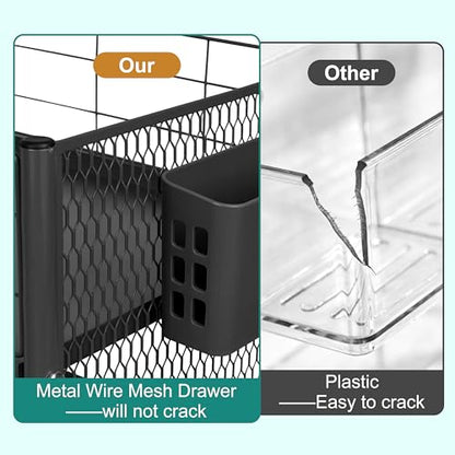 3-Tier Rolling Storage Cart Metal Utility Cart with Wheels, Office Organizer with Hanging Cups, Hooks, Book Snack Craft Mobile Shelving Unit for Office Kitchen Nursery - color: Black
