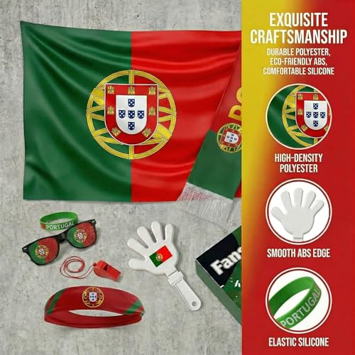 Soccer Fan Gear Set 2026-7 Piece Game Day Kit with Flag, Scarf, Glasses, Whistle, Clapper, Wristband & Headband in Gift Box - Watch Party & Stadium Essentials for Portugal - color: Portugal