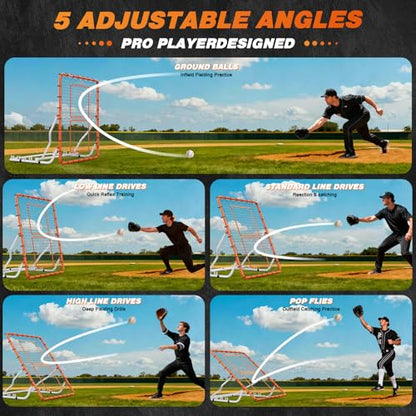 Baseball Rebounder Net 4x4.5FT with 5 Adjustable Angles,Pro Pitch Back Trainer for Volleyball/Softball/Soccer, Solo Practice for Ground, Line Drive & Fly Balls, Durable UV Resistant Net & Ste
