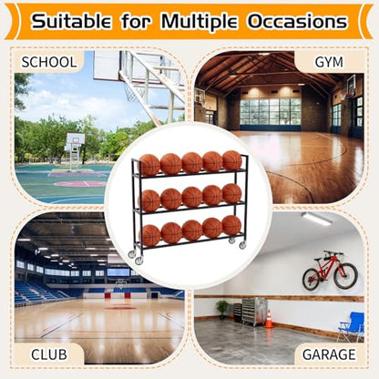 Colingmill Heavy Duty Basketball Rack with Wheels, Multi-Tier Rolling Ball Storage Cart, Sports Equipment Organizer for School, Gym, Club Shoot Training