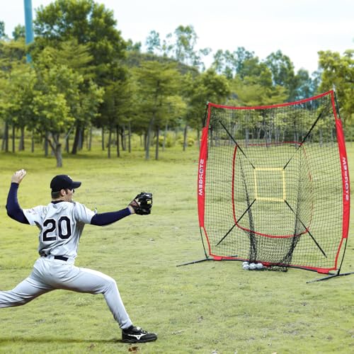 Storgem Baseball and Softball Practice Net 7×7ft Portable Hitting Pitching Batting Training Net Baseball Backstop Net with Batting Tee and Strike Zone and Bow Frame - color: Red