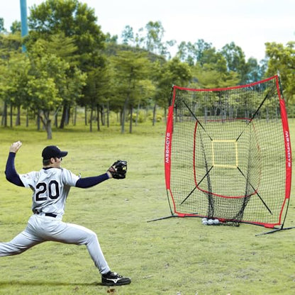 Storgem Baseball and Softball Practice Net 7×7ft Portable Hitting Pitching Batting Training Net Baseball Backstop Net with Batting Tee and Strike Zone and Bow Frame - color: Red