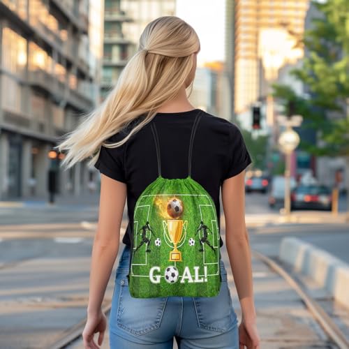 Castle Fairy Football Trophy Drawstring Bags,Modern Sports Game Drawstring Backpack for Gym Lover,Abstract Soccer Field Large Capacity Sackpack - color: Green Golden