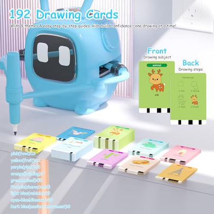 Art Enlightenment Drawing Robot: Educational Interactive Learning Toy for Kids - Auto Painting Machine with 192 Cards & Pens - Montessori Gifts for 3-8 Year Old - color: Blue