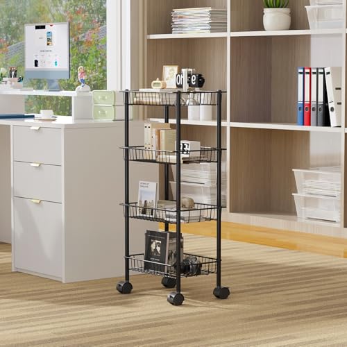 AWTATOS 4-Tier Rolling Cart, Storage Cart with Removable Baskets, Metal Utility Cart with Wheels, for Kitchen, Bathroom, Office, Laundry Room, Black (Patent)