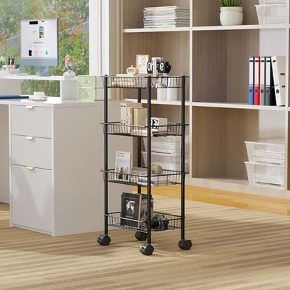 AWTATOS 4-Tier Rolling Cart, Storage Cart with Removable Baskets, Metal Utility Cart with Wheels, for Kitchen, Bathroom, Office, Laundry Room, Black (Patent)