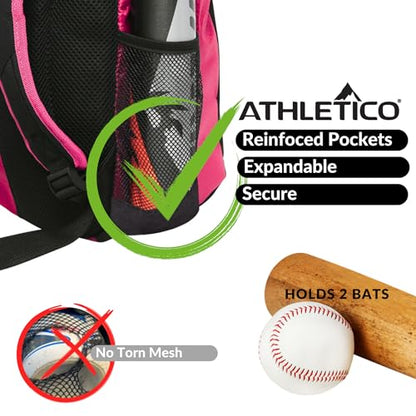 Athletico Youth Baseball Bag - Bat Backpack for Baseball, T-Ball & Softball Equipment & Gear | Holds Bat, Helmet, Glove | Fence Hook - color: Pink