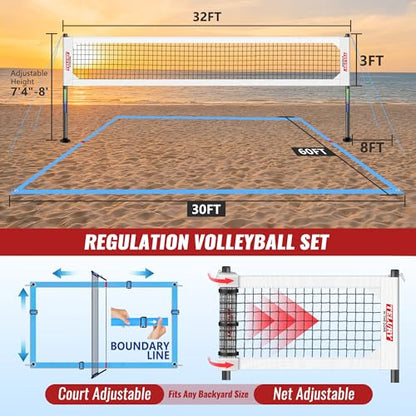 Heavy Duty Professional Volleyball Net Set Aluminum Poles, 32 ft Regulation Portable for Outdoor Backyard Beach, Anti-Sag, Adjustable Height & Length with Carry Bag - color: White