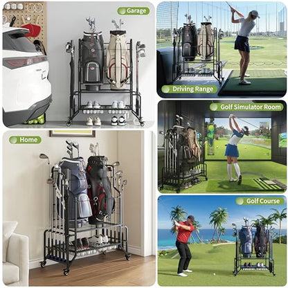 Golf Bag Storage Garage Organizer Golf Bag Stand Fits 2 Bags Extra Clubs Balls Shoes Golf Equipment Accessories Golf Storage Rack for Garage Club Shed