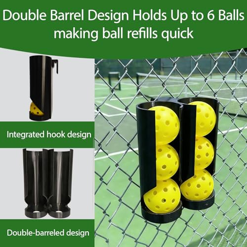 Pickleball Fence Ball Holder, Double Barrel Pickleball Ball Dispenser with Hook, Portable Court Fence Pickleball Holder, Holds 6 Balls, Durable & Weather Resistant