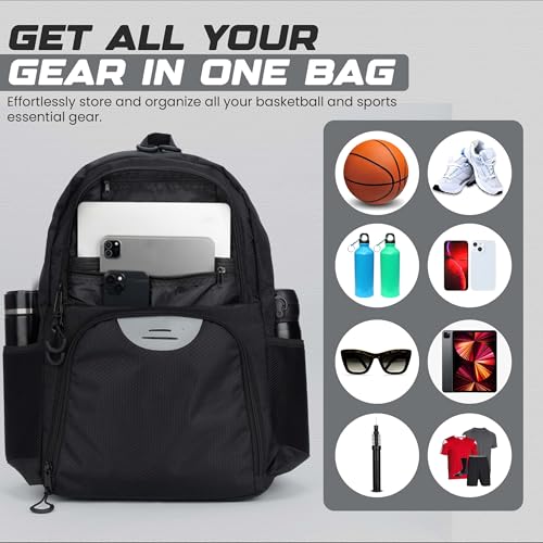 Soccer & Basketball Sports Bag with Ball Pump - Basketball Backpack with Separate Ball & Shoes Holder Compartment, Soccer Basketball Football & Volleyball Bag with Large Capacity - color: Carbon Black, style: With Ball Pump