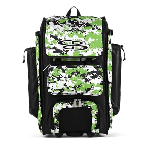 Boombah Rolling Catchers Superpack Baseball/Softball Gear Bag Digital Camo - 23-1/2" x 13-1/2" x 9-1/2" - Multiple Colors - Telescopic Handle and Holds 4 Bats - Wheeled Version - color: Black/Lime Green