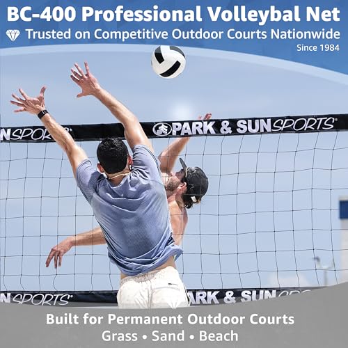 Park & Sun Sports BC-400 Professional Outdoor Volleyball Net – Regulation 39" x 32' – 18 oz Vinyl Tapes with Coated Steel Cables (Top & Bottom), Black