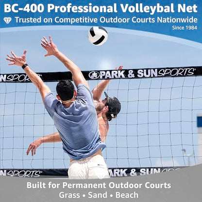 Park & Sun Sports BC-400 Professional Outdoor Volleyball Net – Regulation 39" x 32' – 18 oz Vinyl Tapes with Coated Steel Cables (Top & Bottom), Black