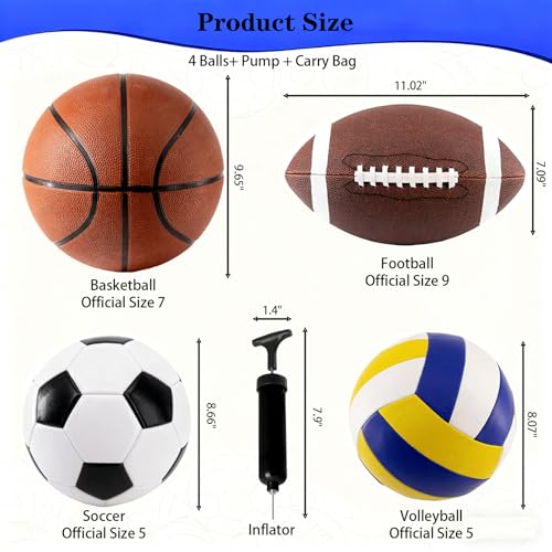4 Pcs Sport Balls Set Include Official Size 7 Basketball 9 Football 5 Volleyball 5 Soccer with Bag Pump Sports Equipment for Adults Back to University School Ball Gift
