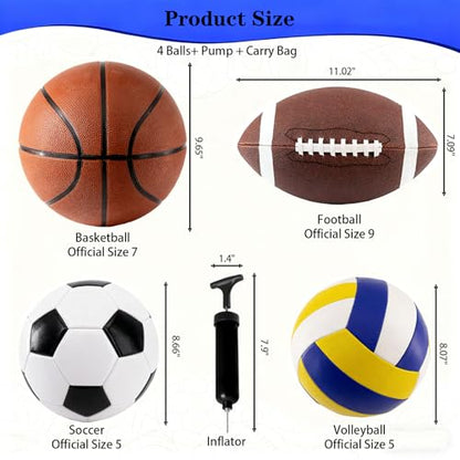 4 Pcs Sport Balls Set Include Official Size 7 Basketball 9 Football 5 Volleyball 5 Soccer with Bag Pump Sports Equipment for Adults Back to University School Ball Gift