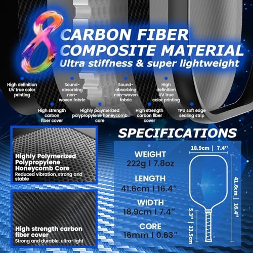 Pickleball Paddles T700 Carbon Fiber Surface Paddle USAPA Approved 16MM High Performance Lightweight Racket with Wide Face Long Grip for Men Women Beginner Starters Partners Couples - color: Set of 2-Black+White