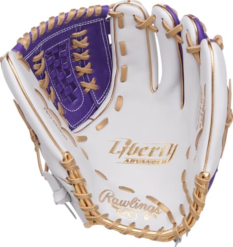 Rawlings | Liberty Advanced Color Series Fastpitch Softball Glove - color: White / Purple / Gold | X-Laced Basket Web, size: 12.5" | Utility