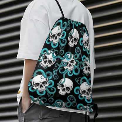 Drawstring Backpack Gym Sackpack Lightweight Waterproof String Bag for Sports Travel Yoga Beach Swimming, Men Women Unisex, Blue Octopus Kraken Sugar Skull Bags - color: Picture (625)