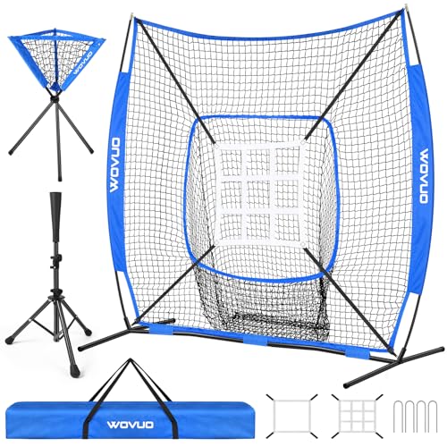 7x7 ft Baseball Net for Batting Pitching Hitting, Softball Pitching Net with Strike Zone, Tee, Ball Caddy, Softball Batting Net Baseball Training Equipment for Kids Adult Youth Sport Practice - color: Blue