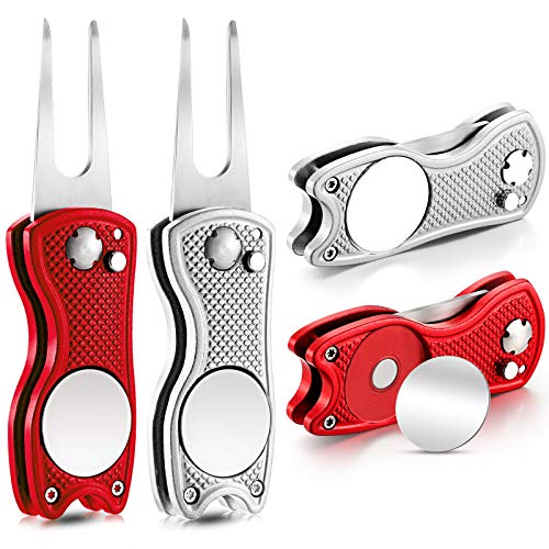 Skylety 4 Pcs Golf Divot Repair Tool Metal Foldable Golf Divot Tool with Magnetic Pop-up Button Ball Marker Stainless Steel Switchblade for Golfers Prizes - color: Red, Silver