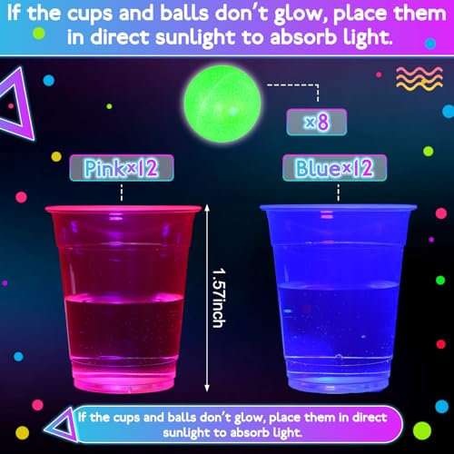 32 Pcs Glow in The Dark Party Table Tennis Game Set Include 24 Pcs Glowing Plastic Cups and 8 Balls for Indoor Outdoor Party Event Birthdays Weddings BBQ Parties - color: Blue and Pink