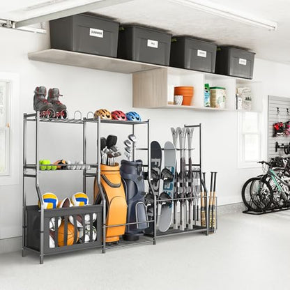 WALMANN Garage Sports Equipment Organizer Stand, Freestanding Ski & Snowboard Storage Rack with Ball Bin and Golf Bag Holder, Multi-Sport Storage for Garage