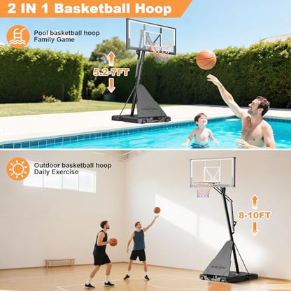 Portable Basketball Hoop, Outdoor 5-10FT Manual Crank/Hand Pull Adjustable Basketball Goal with 44 Inch PC Backboard & Wheels, Basket Ball Portable Hoops Backyard, Driveway (Hand Pull Handle)