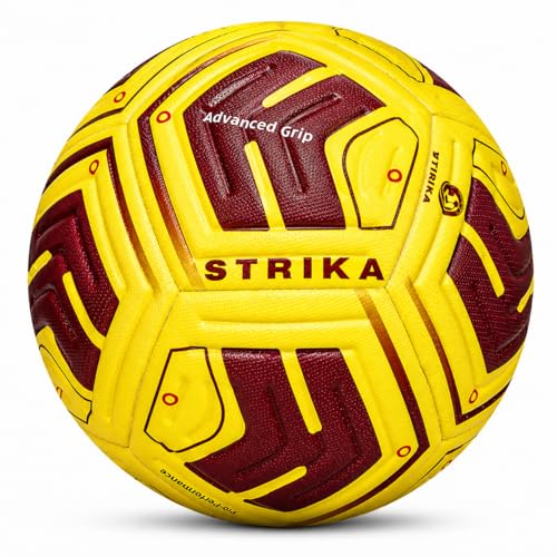STRIKA Premium Soccer Ball Size 5 & 4 – Durable Hybrid Bonded Training Ball for Adults & Kids – Water-Resistant, Long Air Retention – Indoor/Outdoor Play - color: Yellow/Maroon - Premium, size: 4